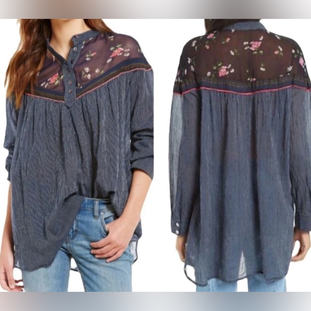 Free People Blue 3/4 Sleeve Boxy Blouse
